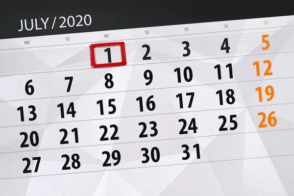 Planificator Calendar Pentru Luna Iulie 2020 Data Limită Miercuri — Fotografie, imagine de stoc