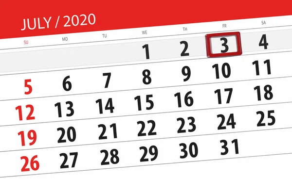 Kalender Planerare För Månaden Juli 2020 Deadline Dag Fredag — Stockfoto