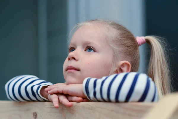 Romantic Sad Girl Wooden Railing Looks Sad — Stock Photo, Image