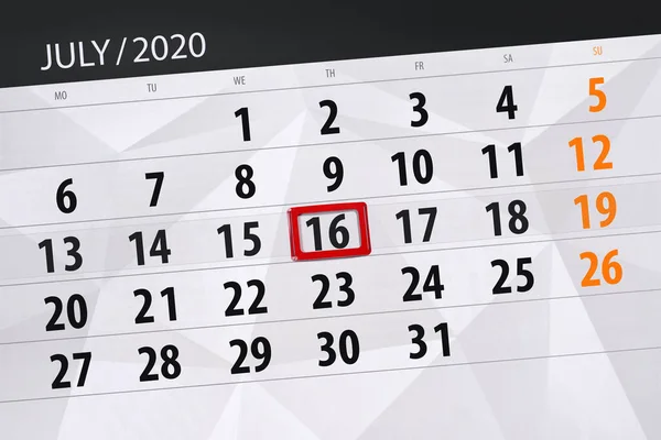 Planificator Calendar Pentru Luna Iulie 2020 Data Limită Joi — Fotografie, imagine de stoc