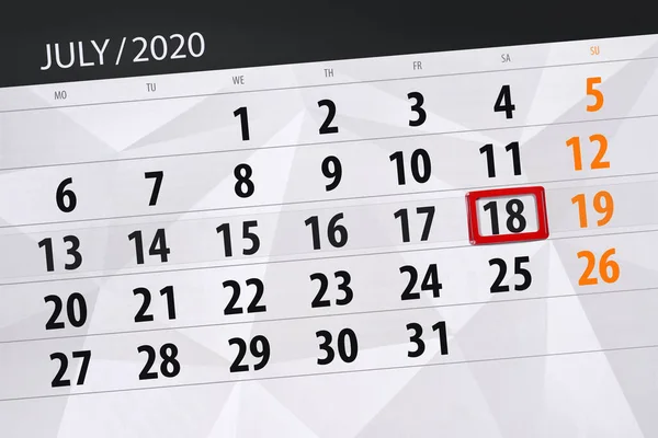 Planificator Calendar Pentru Luna Iulie 2020 Data Limită Sâmbătă — Fotografie, imagine de stoc