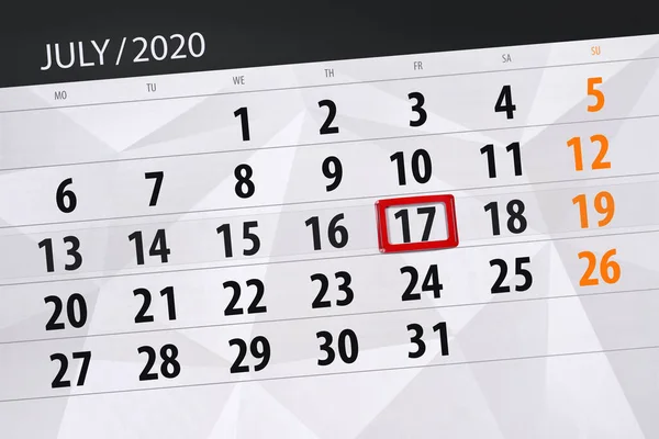 Planificator Calendar Pentru Luna Iulie 2020 Data Limită Vineri — Fotografie, imagine de stoc