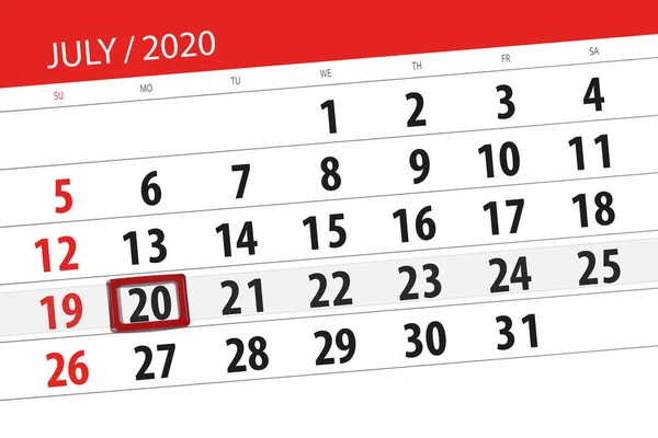 Kalenderplanner Voor Maand Juli 2020 Deadline Dag Maandag — Stockfoto