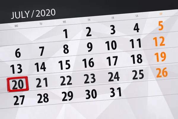 Planificator Calendar Pentru Luna Iulie 2020 Data Limită Luni — Fotografie, imagine de stoc