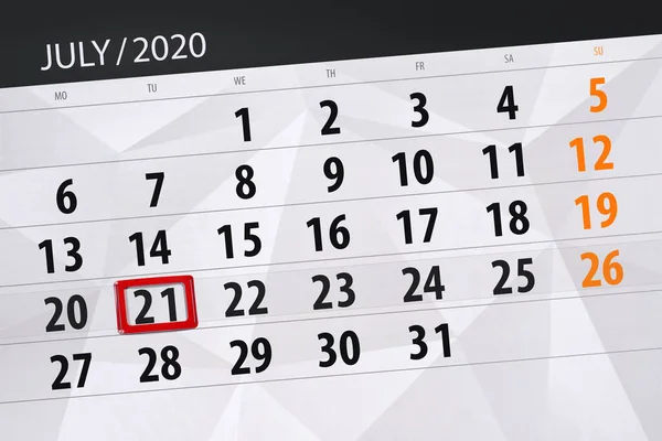 Planificator Calendar Pentru Luna Iulie 2020 Data Limită Marți — Fotografie, imagine de stoc