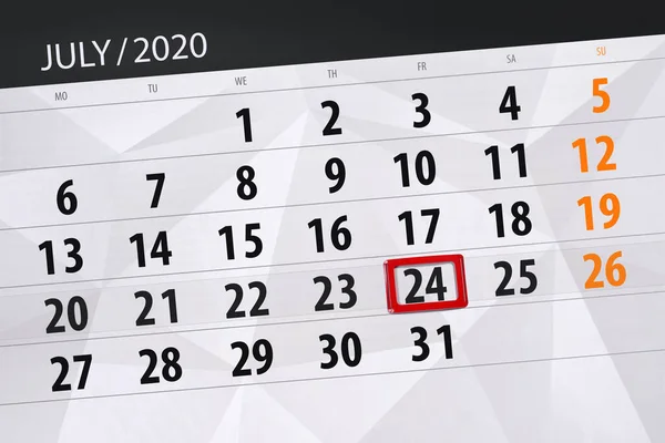 Planificator Calendar Pentru Luna Iulie 2020 Data Limită Vineri — Fotografie, imagine de stoc