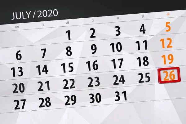 Planificator Calendar Pentru Luna Iulie 2020 Data Limită Duminică — Fotografie, imagine de stoc