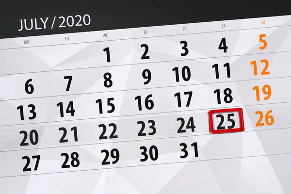 Planificator Calendar Pentru Luna Iulie 2020 Data Limită Sâmbătă — Fotografie, imagine de stoc
