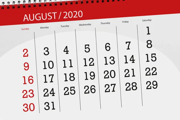 Kalenderplanner Voor Maand Augustus 2020 Deadline Dag — Stockfoto
