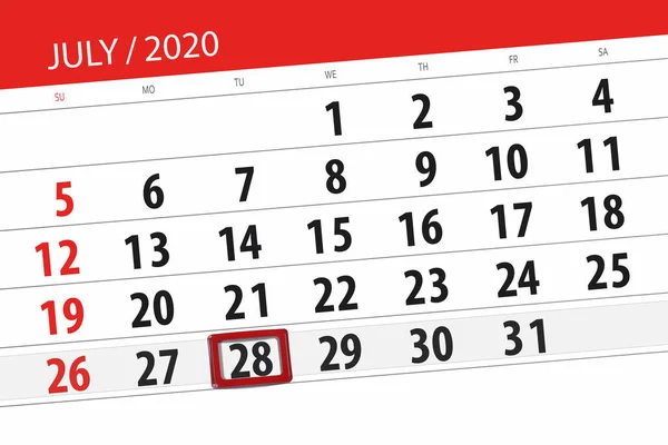 Kalendář Plánovač Měsíc Červenec 2020 Termín Den Úterý — Stock fotografie