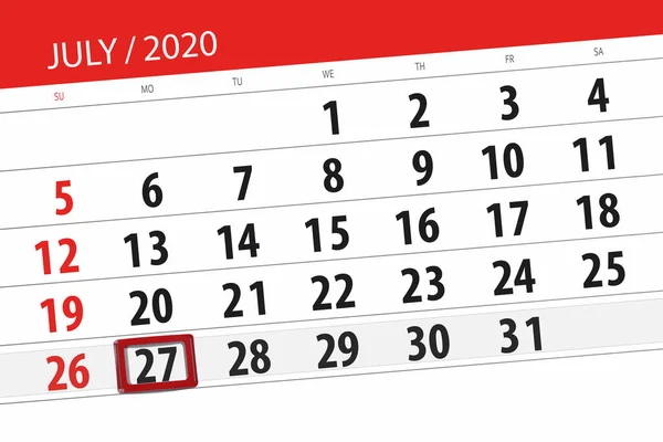 Kalendář Plánovač Měsíc Červenec 2020 Termín Den Pondělí — Stock fotografie