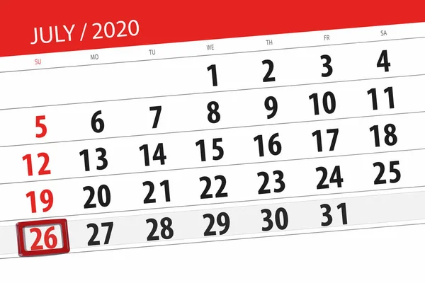 Kalenderplanner Voor Maand Juli 2020 Deadline Dag Zondag — Stockfoto