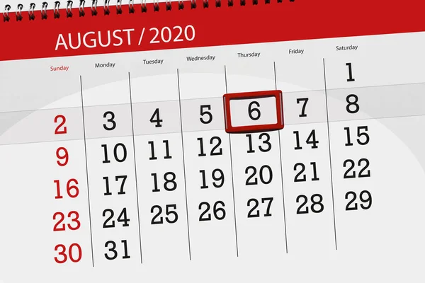 Kalender Planerare För Månaden Augusti 2020 Deadline Dag Torsdag — Stockfoto