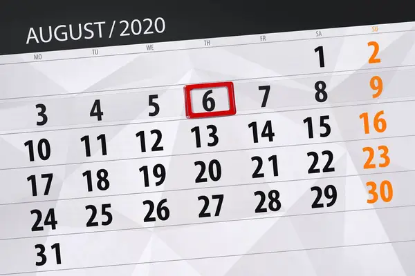 Kalendář Plánovač Měsíc Srpen 2020 Termín Den Čtvrtek — Stock fotografie