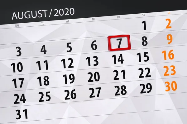 Planificator Calendar Pentru Luna August 2020 Data Limită Vineri — Fotografie, imagine de stoc