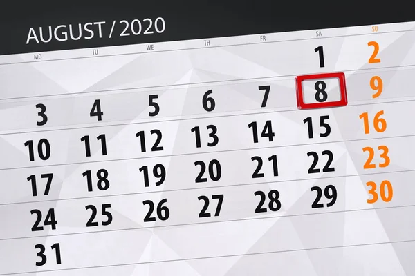 Planificator Calendar Pentru Luna August 2020 Data Limită Sâmbătă — Fotografie, imagine de stoc