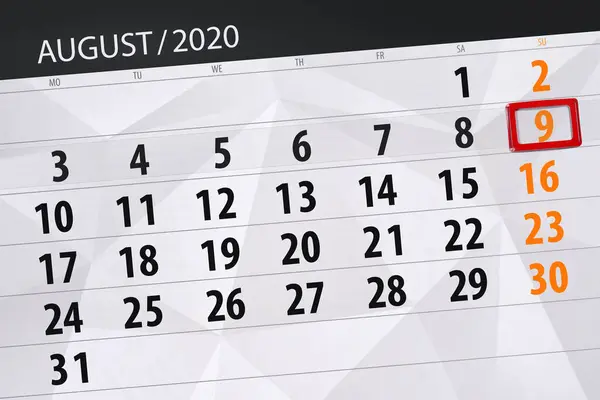 Kalender Planerare För Månaden Augusti 2020 Deadline Dag Söndag — Stockfoto