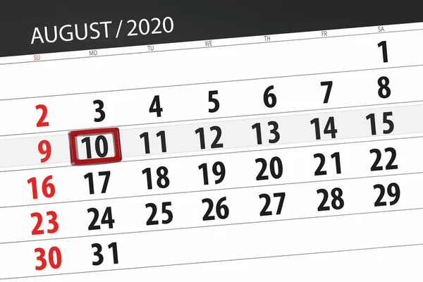 Planificator Calendar Pentru Luna August 2020 Data Limită Luni — Fotografie, imagine de stoc