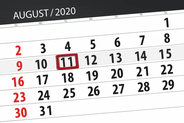 Kalender Planerare För Månaden Augusti 2020 Deadline Dag Tisdag — Stockfoto