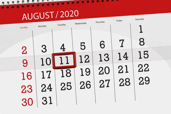 Kalendář Plánovač Měsíc Srpen 2020 Termín Den Úterý — Stock fotografie