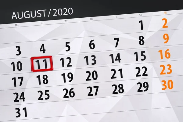 Planificator Calendar Pentru Luna August 2020 Data Limită Marți — Fotografie, imagine de stoc