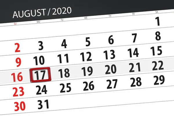 Kalender Planerare För Månaden Augusti 2020 Deadline Dag Måndag — Stockfoto