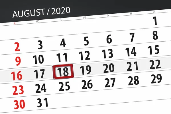 Kalender Planerare För Månaden Augusti 2020 Deadline Dag Tisdag — Stockfoto