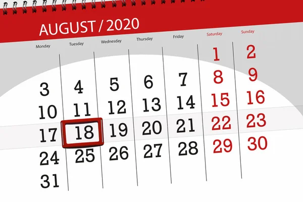 Kalender Planerare För Månaden Augusti 2020 Deadline Dag Tisdag — Stockfoto