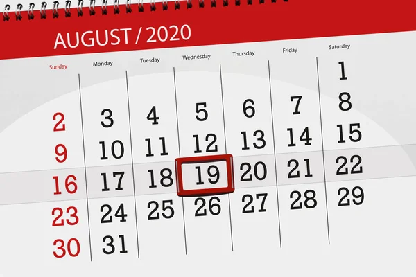 Kalender Planerare För Månaden Augusti 2020 Deadline Dag Onsdag — Stockfoto