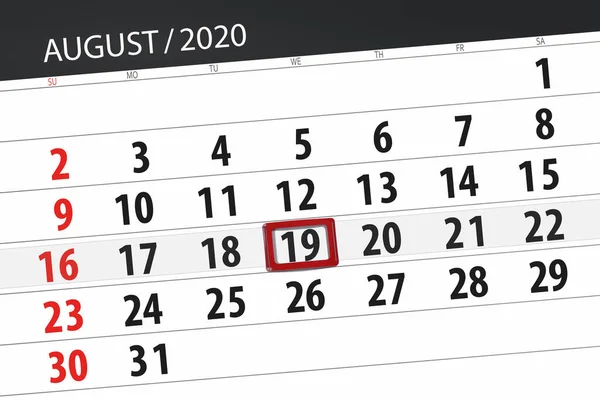 Kalender Planerare För Månaden Augusti 2020 Deadline Dag Onsdag — Stockfoto
