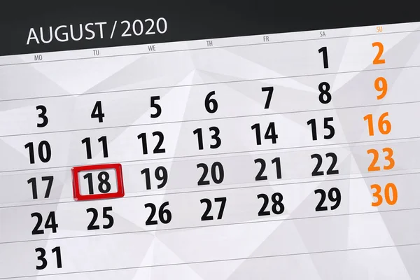 Kalender Planerare För Månaden Augusti 2020 Deadline Dag Tisdag — Stockfoto