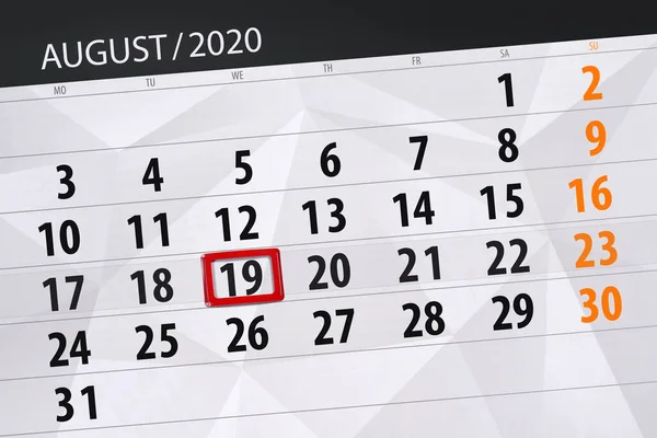 Planificator Calendar Pentru Luna August 2020 Data Limită Miercuri — Fotografie, imagine de stoc