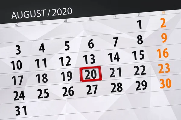 Planificator Calendar Pentru Luna August 2020 Data Limită Joi — Fotografie, imagine de stoc