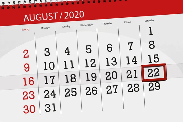 Kalendář Plánovač Měsíc Srpen 2020 Termín Den Sobota — Stock fotografie