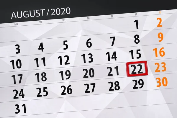 Planificator Calendar Pentru Luna August 2020 Data Limită Sâmbătă — Fotografie, imagine de stoc