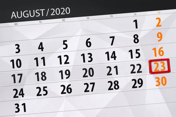 Planificator Calendar Pentru Luna August 2020 Data Limită Duminică — Fotografie, imagine de stoc