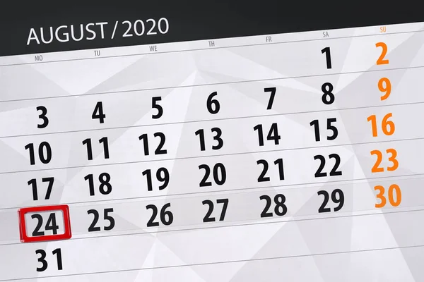Kalender Planerare För Månaden Augusti 2020 Deadline Dag Måndag — Stockfoto