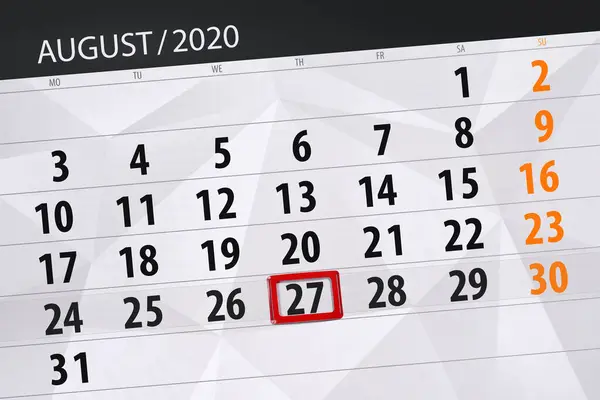 Kalender Planerare För Månaden Augusti 2020 Deadline Dag Torsdag — Stockfoto