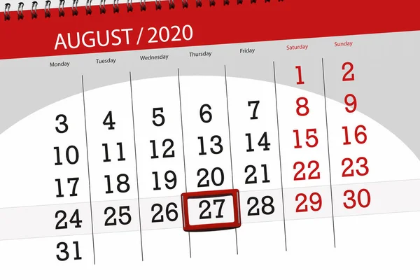 Kalender Planerare För Månaden Augusti 2020 Deadline Dag Torsdag — Stockfoto