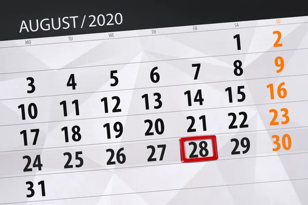 Planificator Calendar Pentru Luna August 2020 Data Limită Vineri — Fotografie, imagine de stoc