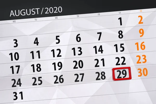 Planificator Calendar Pentru Luna August 2020 Data Limită Sâmbătă — Fotografie, imagine de stoc