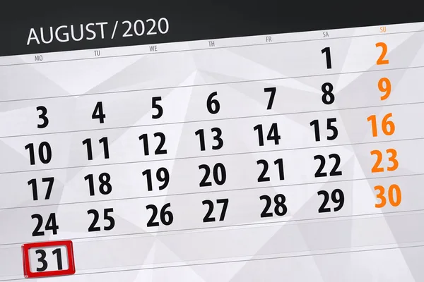 Planificator Calendar Pentru Luna August 2020 Data Limită Luni — Fotografie, imagine de stoc