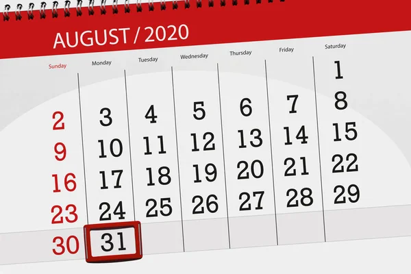Kalendář Plánovač Měsíc Srpen 2020 Termín Den Pondělí — Stock fotografie