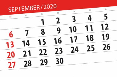 Ayın takvim planlayıcısı Eylül 2020, son gün.