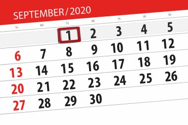 Ayın takvim planlayıcısı Eylül 2020, son gün, 1, Salı.