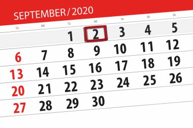 Ayın takvim planlayıcısı Eylül 2020, son gün, 2, Çarşamba.