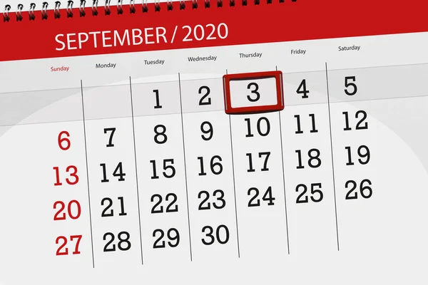 Kalendář Plánovač Měsíc Září 2020 Termín Den Čtvrtek — Stock fotografie