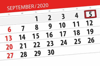 Ayın takvim planlayıcısı Eylül 2020, son gün, 5, Cumartesi.