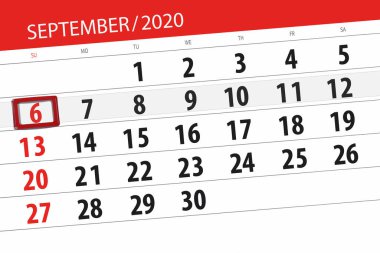 Ayın takvim planlayıcısı Eylül 2020, son gün, 6, Pazar.