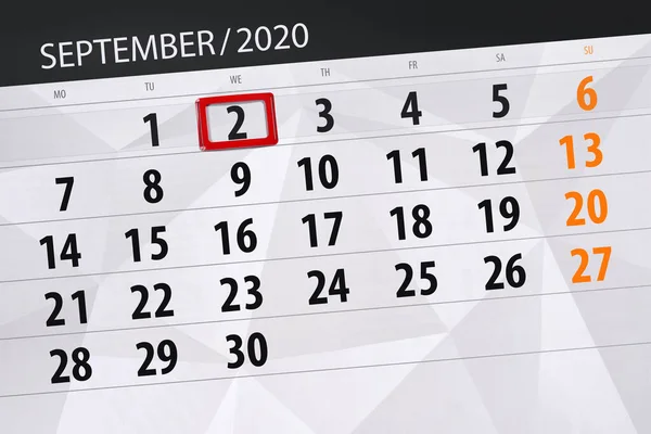 Calendário Planejador Para Mês Setembro 2020 Data Limite Quarta Feira — Fotografia de Stock